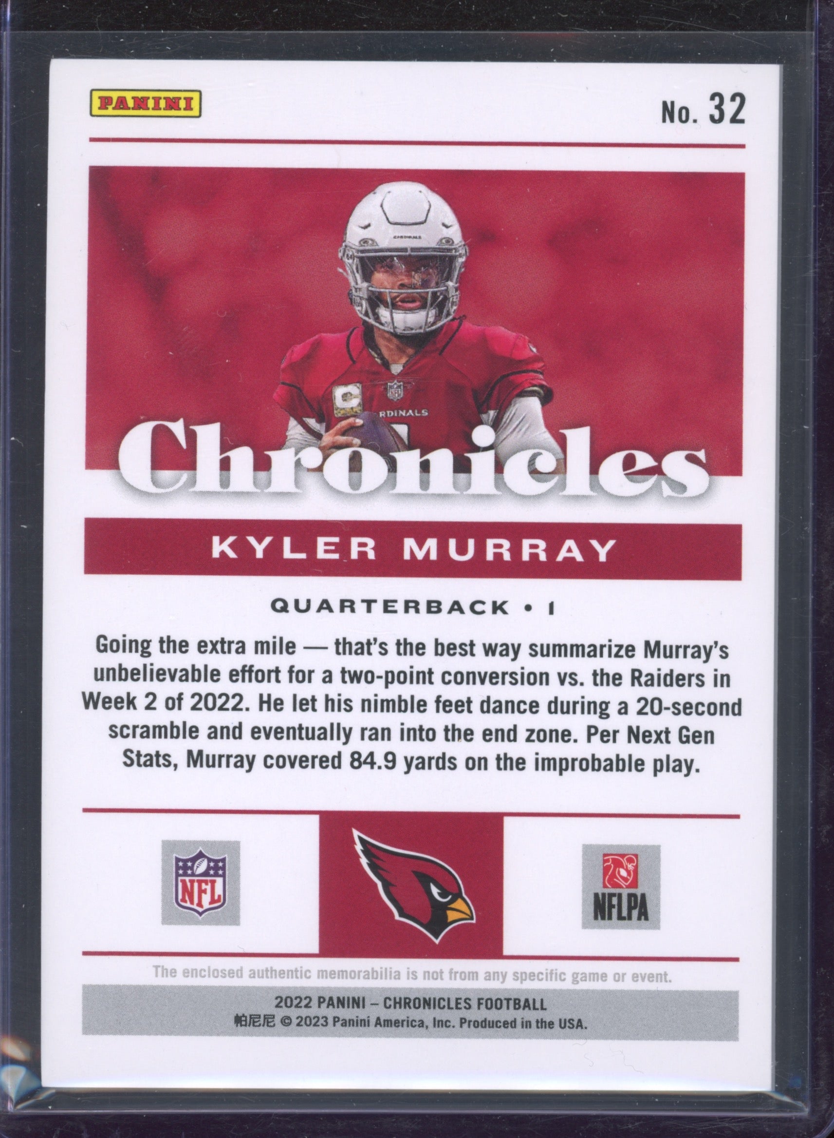 2022 Panini Chronicles #32 Kyler Murray Patch 116/199 – Boxador Sports