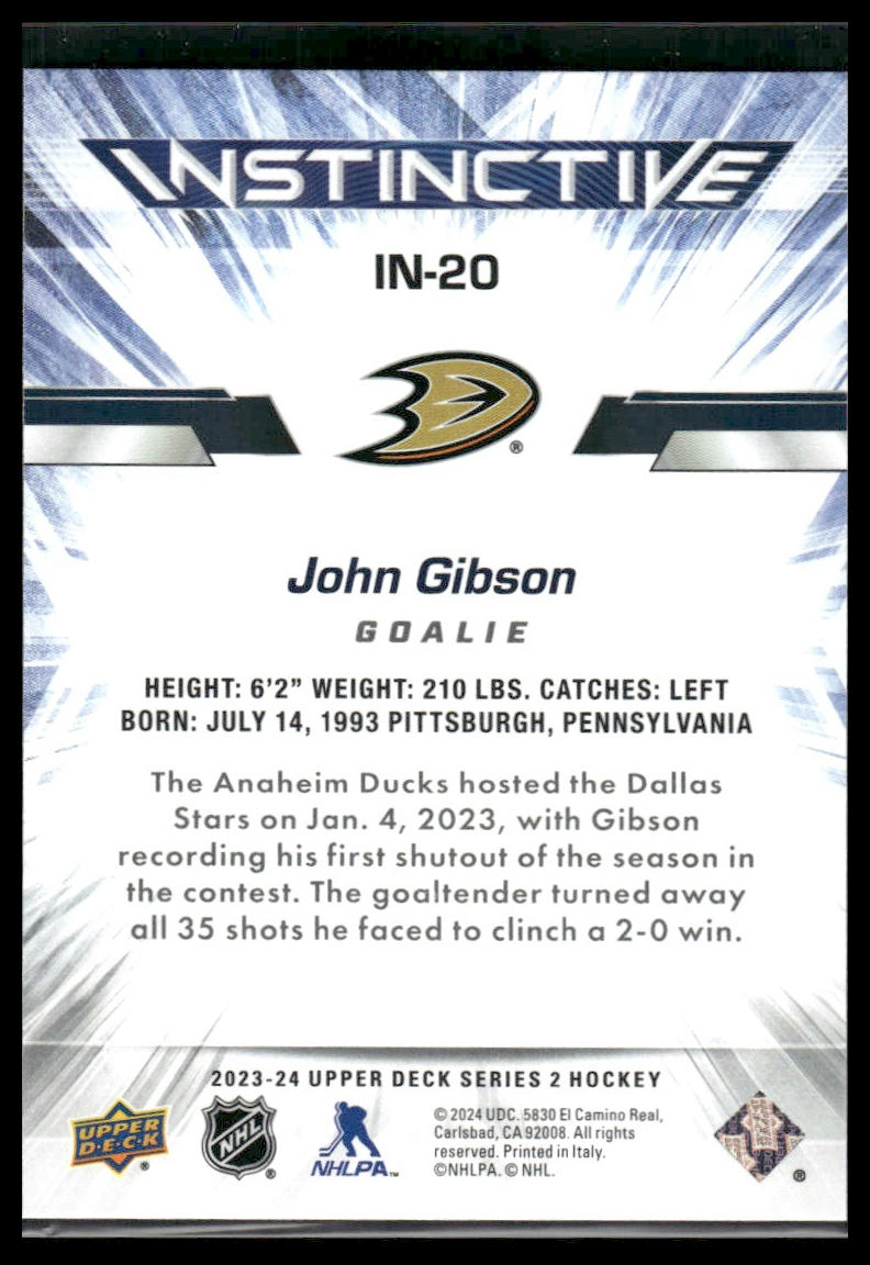 2023 Upper Deck Series 2 #IN-20 John Gibson Instinctive