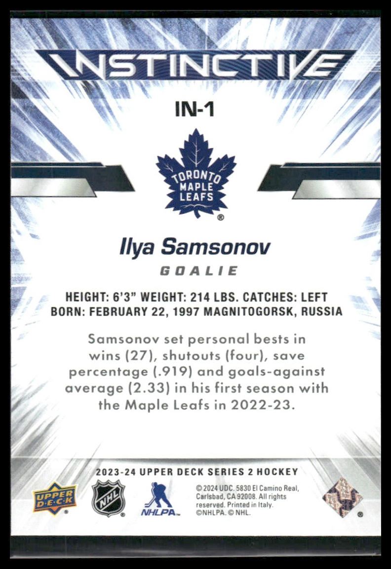 2023 Upper Deck Series 2 #IN-1 Ilya Samsonov Instinctive