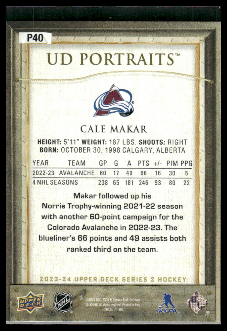 2023 Upper Deck Series 2 #P40 Cale Makar UD Portraits