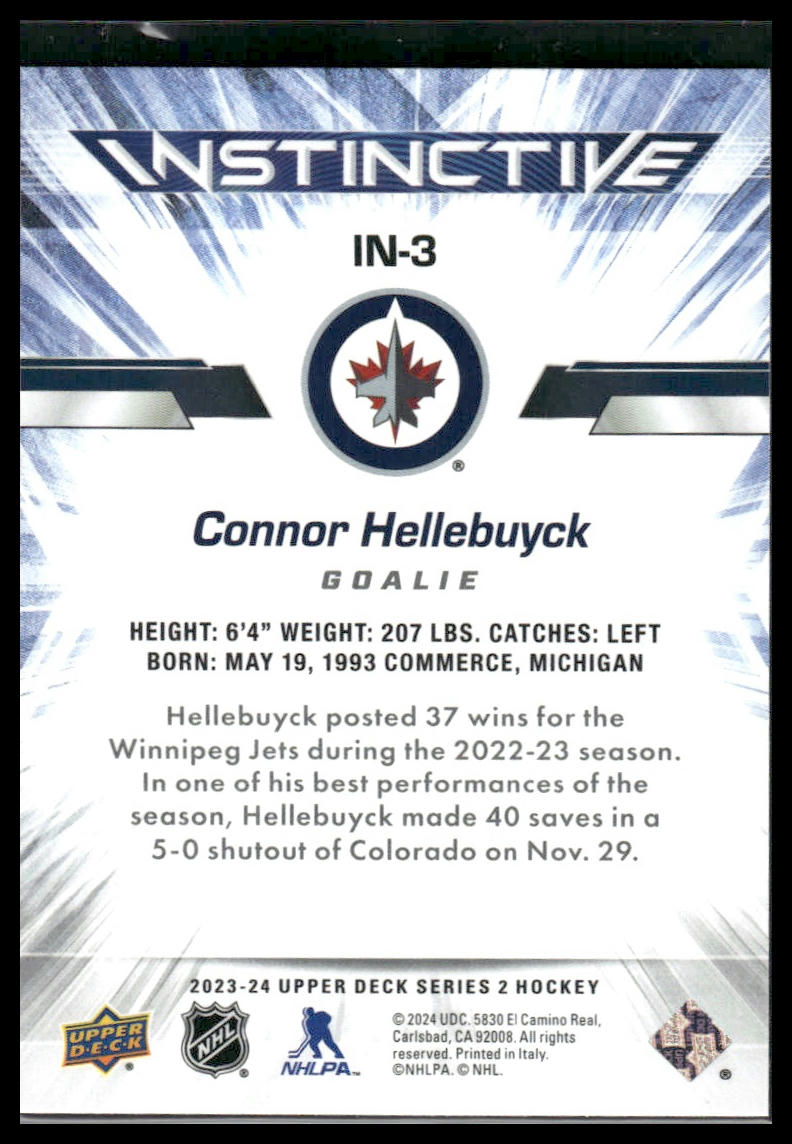 2023 Upper Deck Series 2 #IN-3 Connor Hellebuyck Instinctive