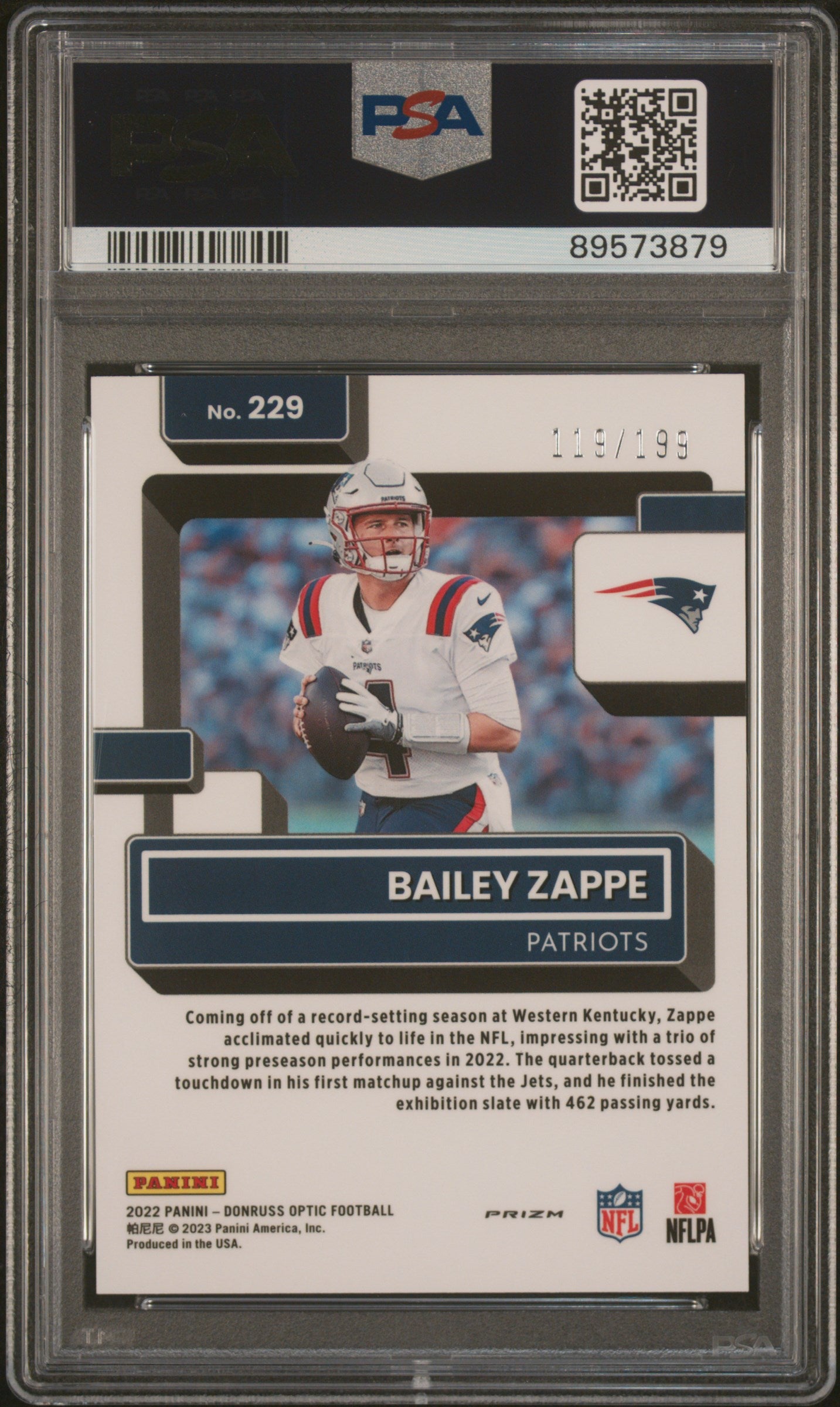 2022 Donruss Optic #229 Bailey Zappe Orange 119/199 Rated Rookie PSA GEM-MT 10