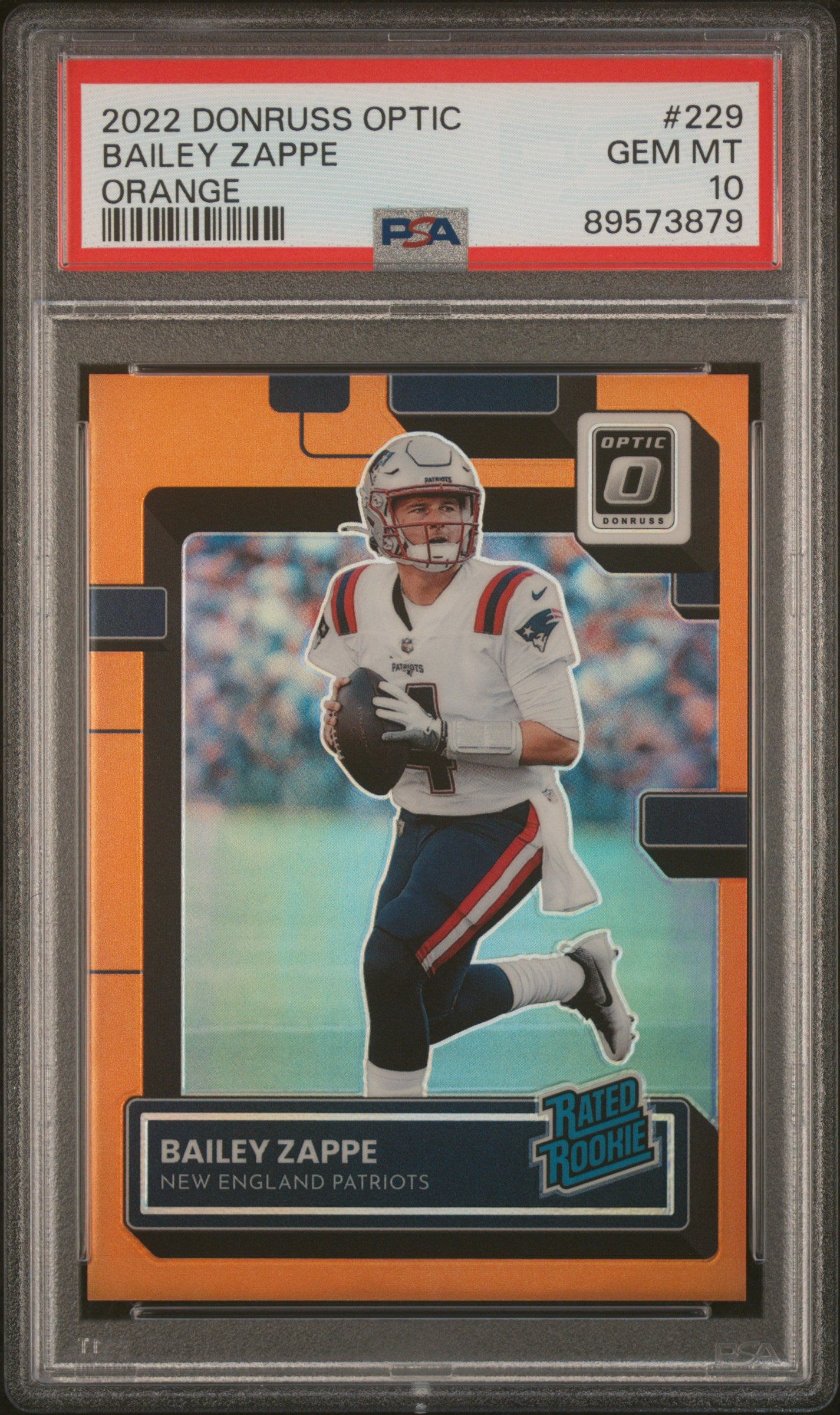 2022 Donruss Optic #229 Bailey Zappe Orange 119/199 Rated Rookie PSA GEM-MT 10