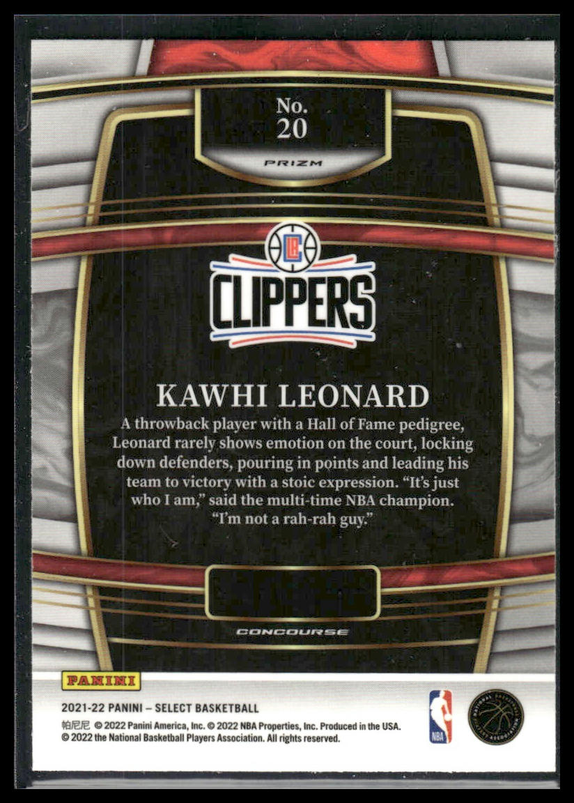 2021 Panini Select #20 Kawhi Leonard Blue Prizm