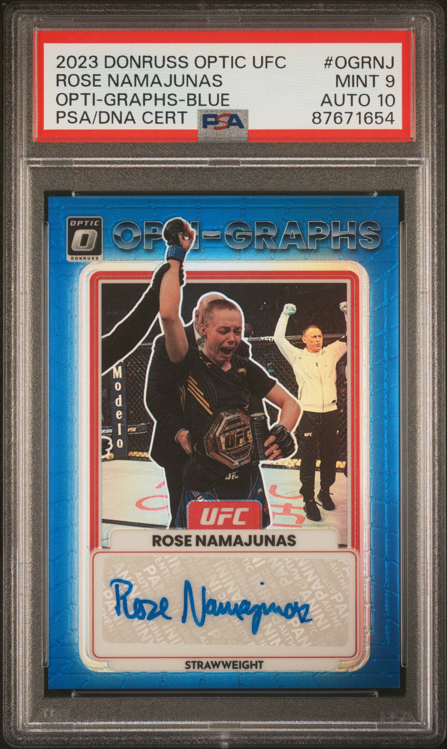 2023 Donruss Optic #OG-RNJ Rose Namajunas Optigraph Blue Auto 56/99 PSA GEM-MT 9