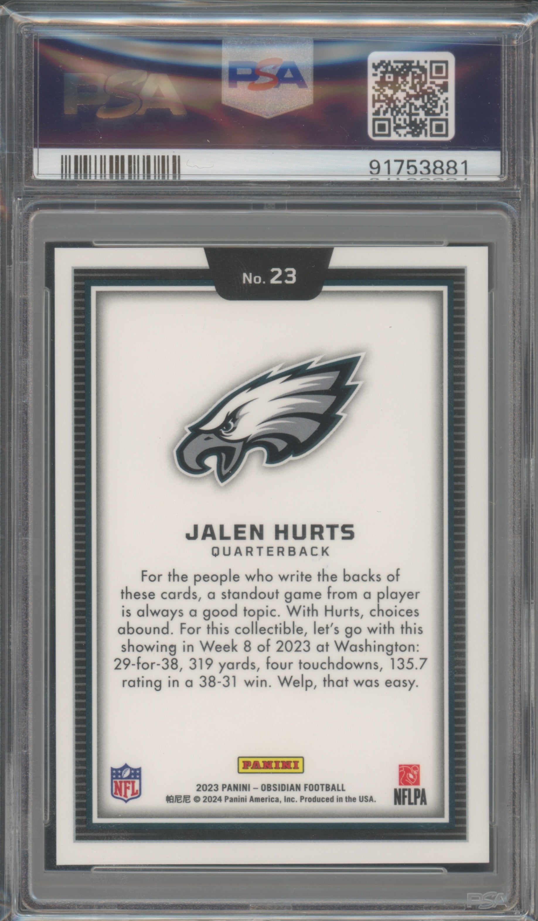 2023 Obsidian #23 Jalen Hurts Black Color Blast PSA 9