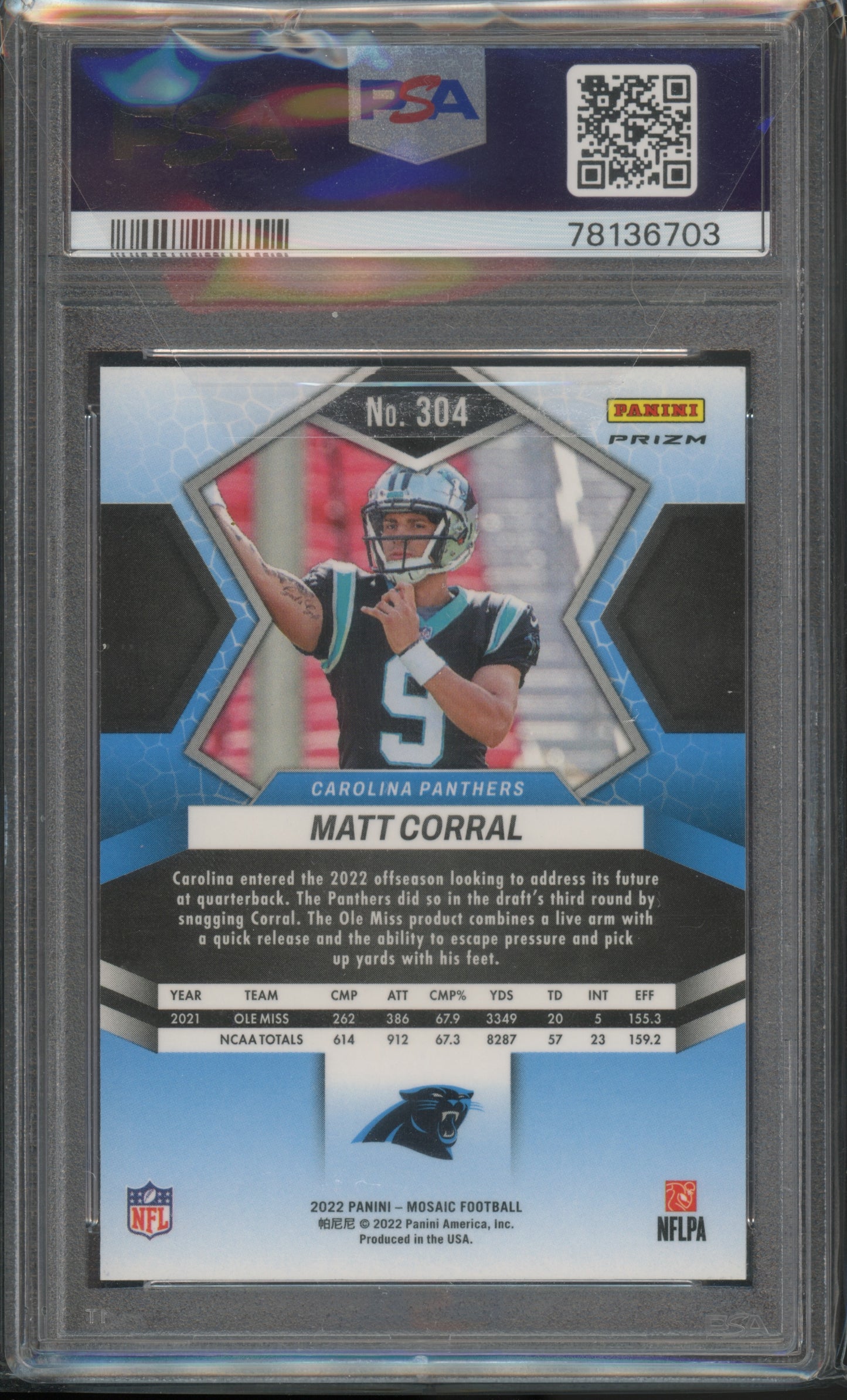 2022 Mosaic #304 Matt Corral Reactive Orange Rookie PSA 10