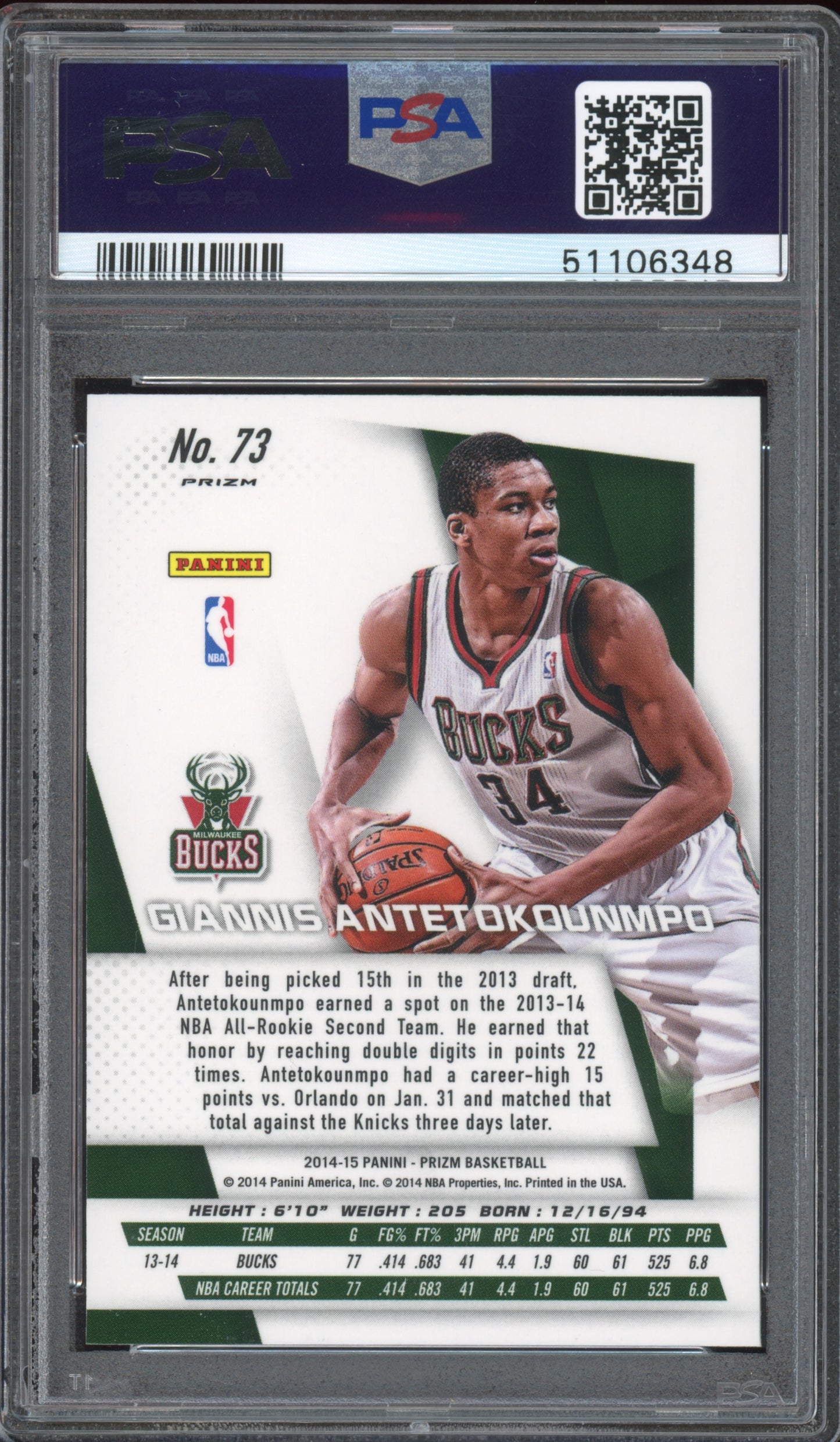 2014 Panini Prizm #73 Giannis Antetokounmpo Red/White/Blue Pulsar Prizm PSA 10