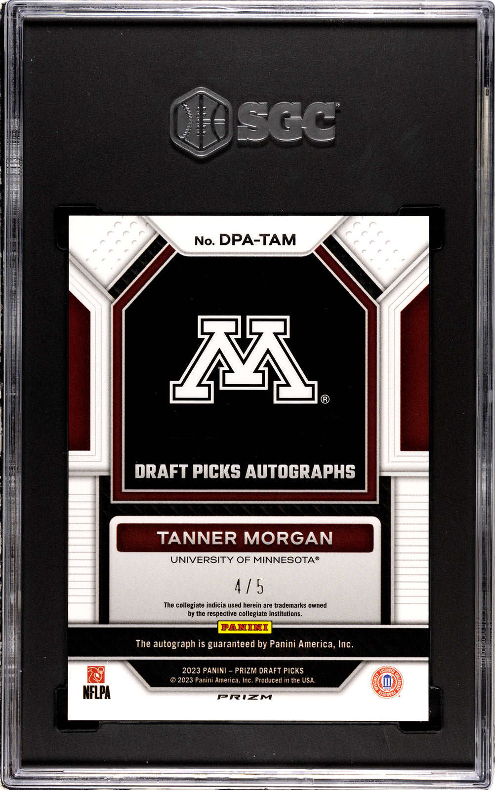 2023 Panini Prizm Draft Picks #DPA-TAM Tanner Morgan Draft Picks Autographs Black Gold /5 SGC 9.5