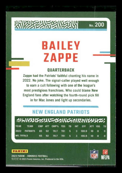 2023 Donruss #200 Bailey Zappe Press Proof Red