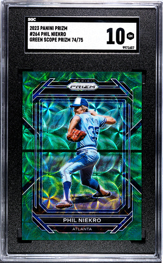 2023 Panini Prizm #264 Phil Niekro Green Scope Prizm /75 SGC 10 Near mint or better