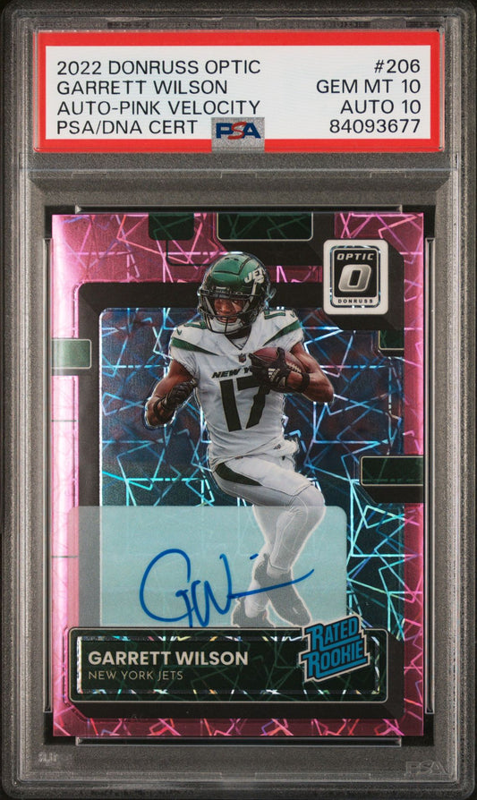 2022 Panini Donruss Optic #206 Garrett Wilson Autograph Pink Velocity /50 PSA 10 Near mint or better